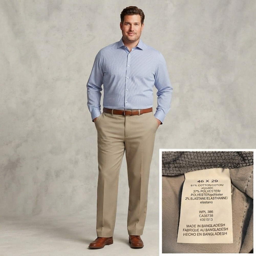 Haggar Iron Free Premium Khaki Pants Mens 46x29 Tan Good Classic Fit Stretch